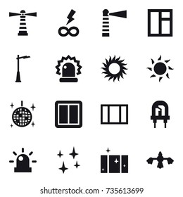 16 vector icon set : lighthouse, infinity power, window, outdoor light, sun, disco ball, power switch, shining, clean  window, hard reach place cleaning