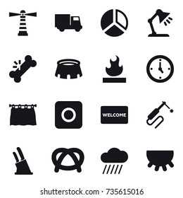 16 vector icon set : lighthouse, truck, diagram, table lamp, stadium, watch, curtain, ring button, welcome mat, knife holder, rain cloud, udder