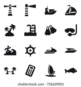 16 vector icon set : lighthouse, sail boat, island, pool, flippers, diving mask, surfer, handwheel, jet ski, yacht, palm hammock, inflatable mattress, windsurfing, fish