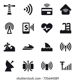 16 vector icon set : lighthouse, wireless, tap to pay, wireless home, antenna, mobile pay, pool, surfer, jet ski, shark flipper, satellite antenna