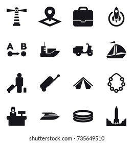 16 vector icon set : lighthouse, pointer, portfolio, rocket, sail boat, passenger, suitcase, tent, hawaiian wreath, reception, yacht, inflatable pool