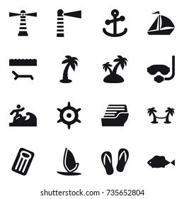 16 vector icon set : lighthouse, sail boat, lounger, palm, island, diving mask, surfer, handwheel, cruise ship, palm hammock, inflatable mattress, windsurfing, flip-flops