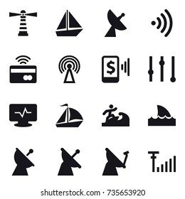16 vector icon set : lighthouse, boat, satellite antenna, wireless, tap to pay, antenna, mobile pay, equalizer, sail boat, surfer, shark flipper