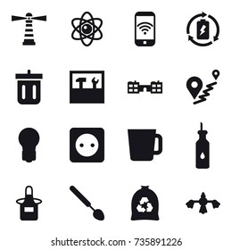 16 vector icon set : lighthouse, atom, phone wireless, battery charge, bin, tools, school, bulb, power socket, cup, apron, big spoon, garbage bag, hard reach place cleaning
