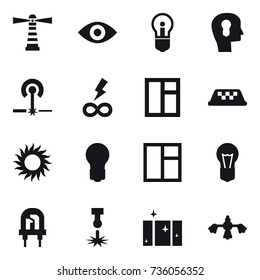 16 vector icon set : lighthouse, eye, bulb, bulb head, laser, infinity power, window, taxi, sun, clean  window, hard reach place cleaning