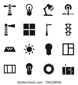 16 vector icon set : lighthouse, bulb, table lamp, laser, window, outdoor light, taxi, sun, clean  window