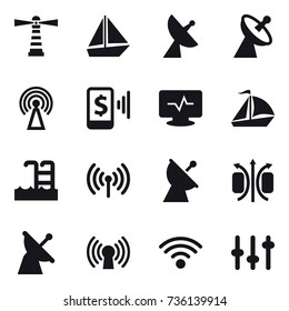 16 vector icon set : lighthouse, boat, satellite antenna, antenna, mobile pay, sail boat, pool, wireless