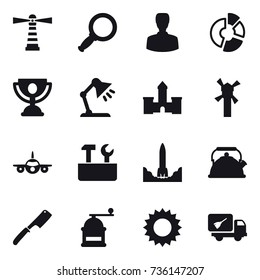 16 vector icon set : lighthouse, magnifier, man, circle diagram, trophy, table lamp, castle, windmill, repair tools, kettle, chef knife, hand mill, sun, home call cleaning