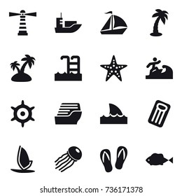 16 vector icon set : lighthouse, sail boat, palm, island, pool, starfish, surfer, handwheel, cruise ship, shark flipper, inflatable mattress, windsurfing, jellyfish, flip-flops