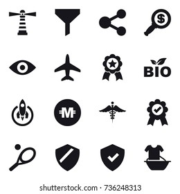 16 vector icon set : lighthouse, funnel, share, dollar magnifier, eye, plane, medal, bio, rocket, crypto currency, tennis, handle washing