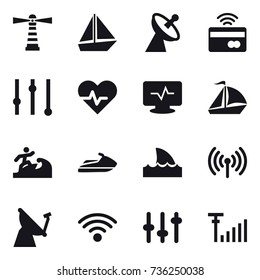 16 vector icon set : lighthouse, boat, satellite antenna, tap to pay, equalizer, sail boat, surfer, jet ski, shark flipper, wireless