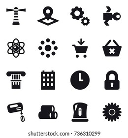 16 vector icon set : lighthouse, pointer, gear, satellite, atom, round around, add to cart, delete cart, column, building, locked, mixer, kettle, flower
