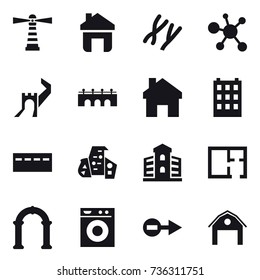 16 vector icon set : lighthouse, home, greate wall, bridge, building, bunker, modern architecture, plan, arch, washing machine, barn