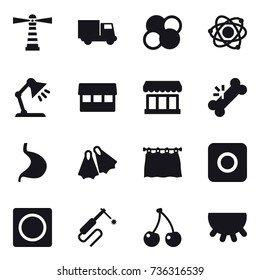 16 vector icon set : lighthouse, truck, atom core, atom, table lamp, market, flippers, curtain, ring button, cherry, udder
