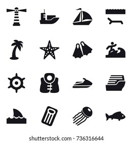 16 vector icon set : lighthouse, sail boat, lounger, palm, starfish, flippers, surfer, handwheel, life vest, jet ski, cruise ship, shark flipper, inflatable mattress, jellyfish, fish