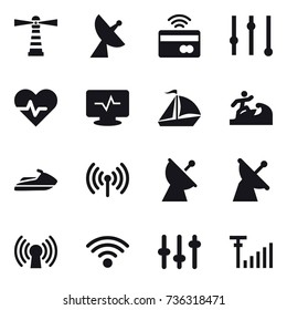 16 vector icon set : lighthouse, satellite antenna, tap to pay, equalizer, sail boat, surfer, jet ski, wireless