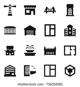 16 vector icon set : lighthouse, shop, bridge, building, airport building, garage, window, japanese house, fountain, gothic architecture, plan, hotel