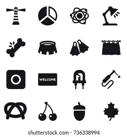 16 vector icon set : lighthouse, diagram, atom, table lamp, stadium, flippers, curtain, ring button, welcome mat, cherry, acorn, maple leaf