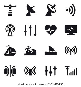 16 vector icon set : lighthouse, satellite antenna, wireless, antenna, equalizer, sail boat, surfer, shark flipper