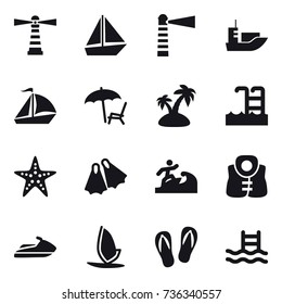 16 vector icon set : lighthouse, boat, sail boat, lounger, island, pool, starfish, flippers, surfer, life vest, jet ski, windsurfing, flip-flops