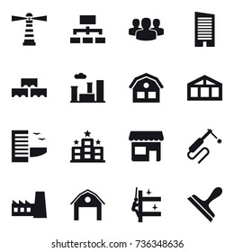16 vector icon set : lighthouse, hierarchy, group, skyscraper, block wall, city, house, greenhouse, hotel, shop, factory, barn, skyscrapers cleaning, scraper