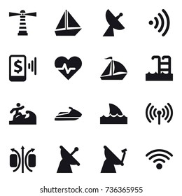 16 vector icon set : lighthouse, boat, satellite antenna, wireless, mobile pay, sail boat, pool, surfer, jet ski, shark flipper