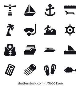 16 vector icon set : lighthouse, boat, lounger, palm, diving mask, surfer, handwheel, life vest, cruise ship, yacht, shark flipper, inflatable mattress, jellyfish, flip-flops