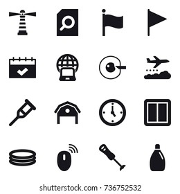 16 vector icon set : lighthouse, search document, flag, calendar, notebook globe, cell corection, weather management, barn, watch, power switch, inflatable pool, cleanser