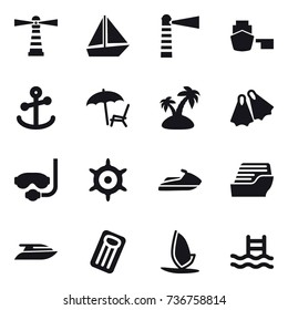16 vector icon set : lighthouse, boat, lounger, island, flippers, diving mask, handwheel, jet ski, cruise ship, yacht, inflatable mattress, windsurfing, pool