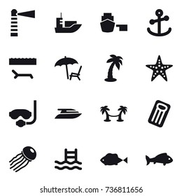 16 vector icon set : lighthouse, lounger, palm, starfish, diving mask, yacht, palm hammock, inflatable mattress, jellyfish, pool, fish