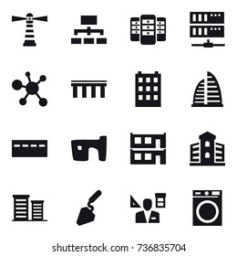16 vector icon set : lighthouse, hierarchy, server, bridge, building, skyscraper, bunker, slum, modular house, district, construction, architector, washing machine
