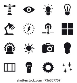 16 vector icon set : lighthouse, eye, bulb, table lamp, lightning, laser, window, sun, camera, shining