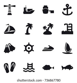 16 vector icon set : lighthouse, sail boat, palm, island, pool, flippers, handwheel, jet ski, windsurfing, flip-flops, fish