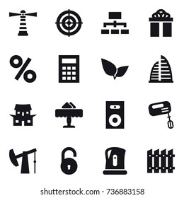 16 vector icon set : lighthouse, target, hierarchy, gift, percent, calculator, skyscraper, japanese house, restaurant, speaker, mixer, kettle, fence