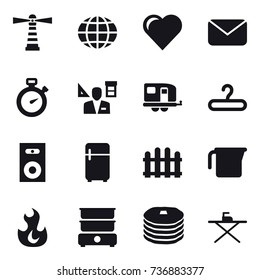 16 vector icon set : lighthouse, globe, heart, mail, stopwatch, architector, trailer, hanger, speaker, fridge, fence, measuring cup, iron board