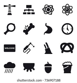 16 vector icon set : lighthouse, hierarchy, atom, magnifier, watch, welcome mat, knife holder, rain cloud, udder, acorn, foam bucket