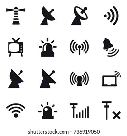 16 vector icon set : lighthouse, satellite antenna, wireless, tv, alarm, bell