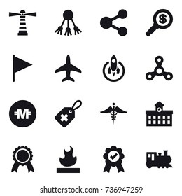 16 vector icon set : lighthouse, share, dollar magnifier, flag, plane, rocket, spinner, crypto currency, university, medal, train