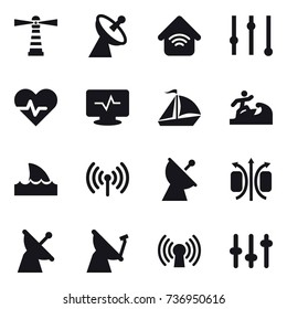 16 vector icon set : lighthouse, satellite antenna, wireless home, equalizer, sail boat, surfer, shark flipper, wireless