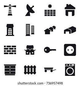 16 vector icon set : lighthouse, satellite antenna, sun power, home, building, skyscrapers, houses, warehouse, brick wall, japanese house, key, power socket, chest of drawers, radiator, trailer