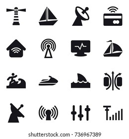 16 vector icon set : lighthouse, boat, satellite antenna, tap to pay, wireless home, antenna, sail boat, surfer, jet ski, shark flipper