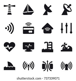 16 vector icon set : lighthouse, boat, satellite antenna, wireless, tap to pay, wireless home, equalizer, pool, surfer, shark flipper