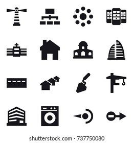 16 vector icon set : lighthouse, hierarchy, round around, server, home, mansion, skyscraper, bunker, houses, construction, tower crane, washing machine