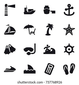 16 vector icon set : lighthouse, sail boat, lounger, palm, starfish, flippers, diving mask, surfer, handwheel, jet ski, shark flipper, inflatable mattress, flip-flops
