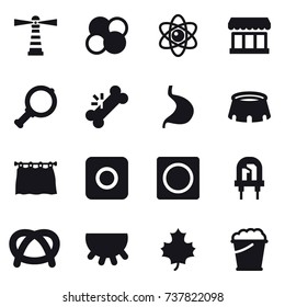 16 vector icon set : lighthouse, atom core, atom, market, magnifier, stadium, curtain, ring button, udder, maple leaf, foam bucket