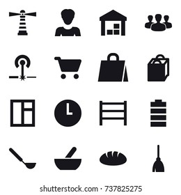 16 vector icon set : lighthouse, woman, warehouse, group, laser, cart, shopping bag, window, ladle, mortar, bread, broom