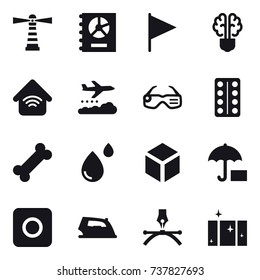 16 vector icon set : lighthouse, annual report, flag, bulb brain, wireless home, weather management, smart glasses, 3d, ring button, iron, clean  window