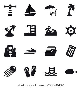 16 vector icon set : lighthouse, boat, lounger, palm, island, pool, surfer, handwheel, life vest, jet ski, cruise ship, inflatable mattress, jellyfish, flip-flops