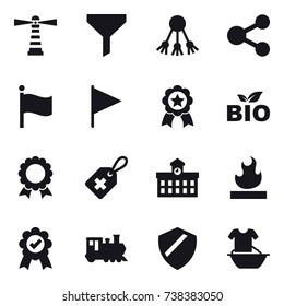 16 vector icon set : lighthouse, funnel, share, flag, medal, bio, university, train, handle washing