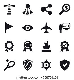 16 vector icon set : lighthouse, share, dollar magnifier, flag, eye, plane, presentation, medal, tennis, shield, handwheel